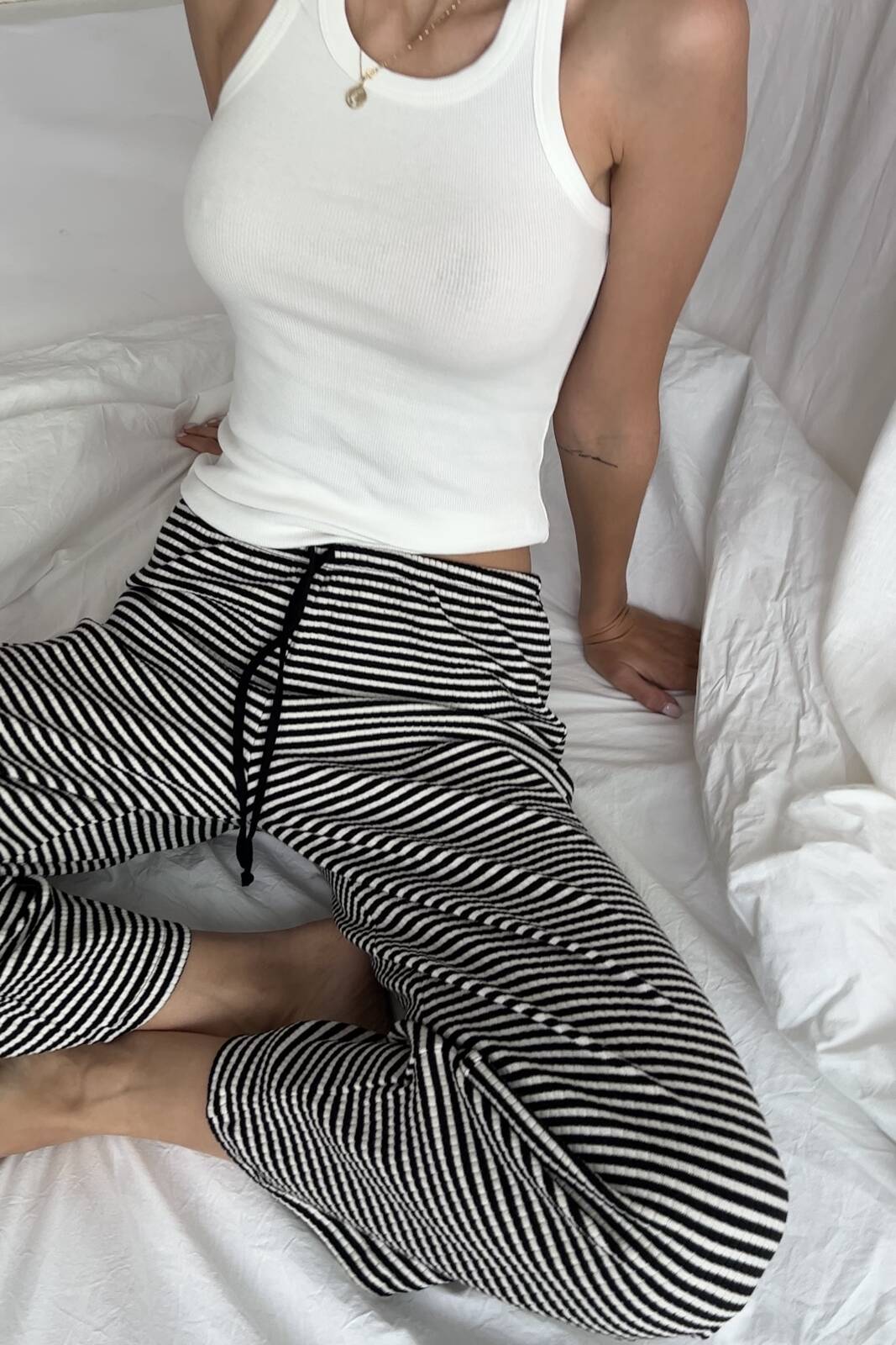 Black Stripe Wide-leg Pajama Bottoms
