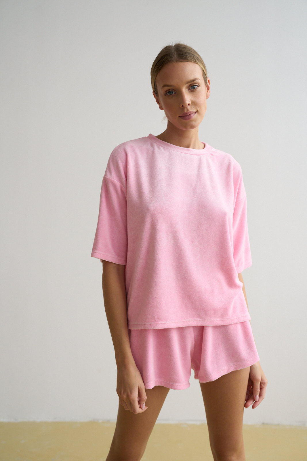 Pink Terrycloth Short Sleeve Sweatshirt