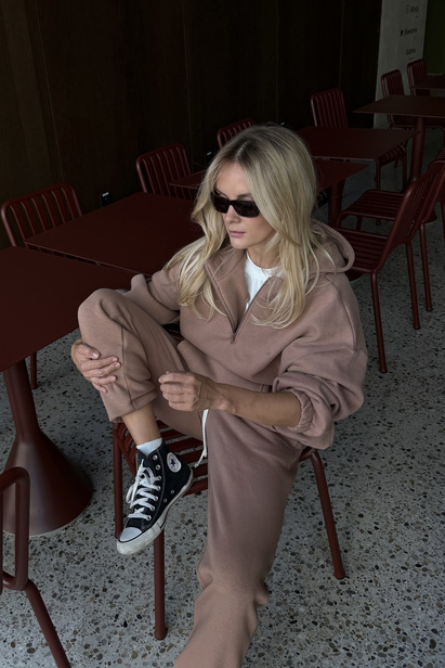 Half Zip Hoodie Alex in Mocha with Fleece