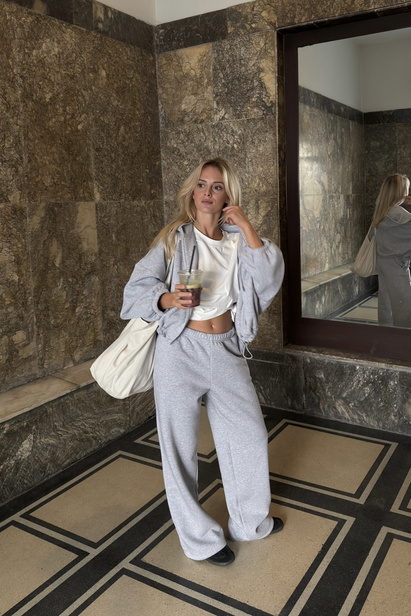 Wide Sweatpants "Rene" in Grey Melange with Fleece