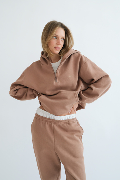 Half Zip Hoodie Alex in Mocha with Fleece